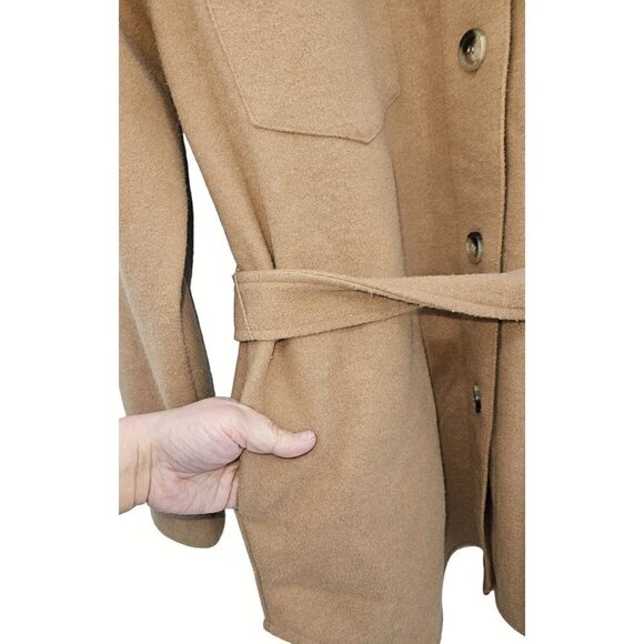 Joie Mid Length Jacket Shacket Sz M Tan Camel Lined Button Down Belted Pockets - Picture 5 of 9